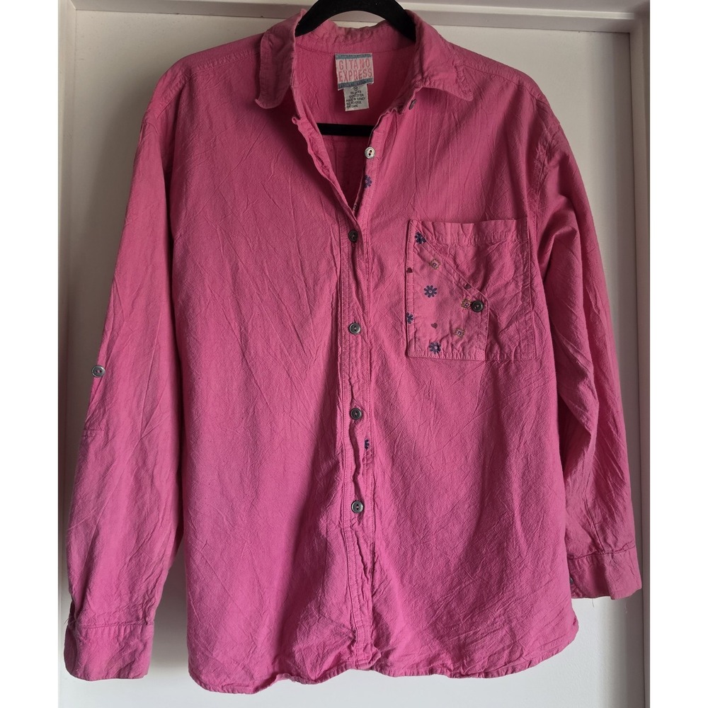 VTG Gitano Express Women M Pink Cotton Long Sleeve Collared Shirt Button-Up Top